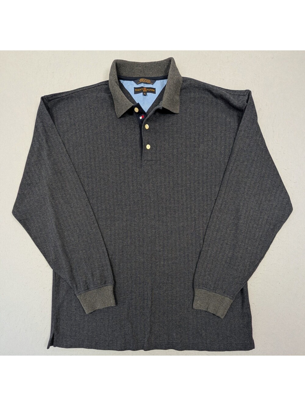 Vintage 90s Tommy Hilfiger Golf Polo Mens XL Gray Herringbone Long Sleeve